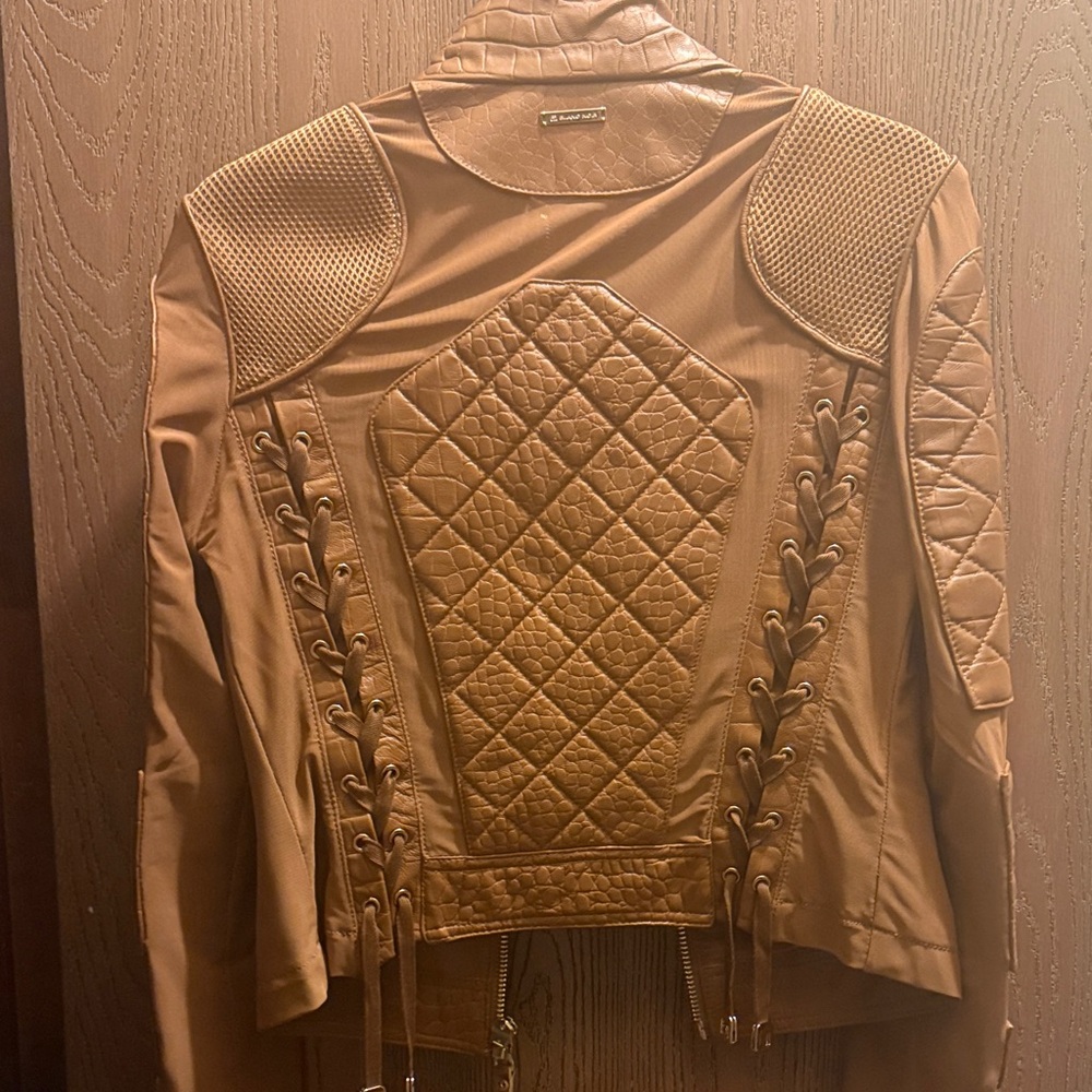 Blanc Noir Women's Brown Quilted Leather Moto Jacket - Picture 2 of 6